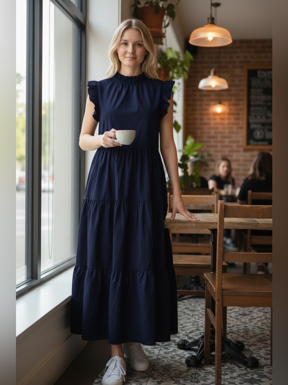 Chepe Italy Navy 100% Cotton Tiered Maxi Dress – Size XS Ruffle Sleeve and Neck
